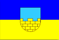 Historyczna flaga Gornych Luzyc: 2 pasy poziome - niebieski i zolty; na nich historyczny herb - niebieskie niebo nad zoltym murem